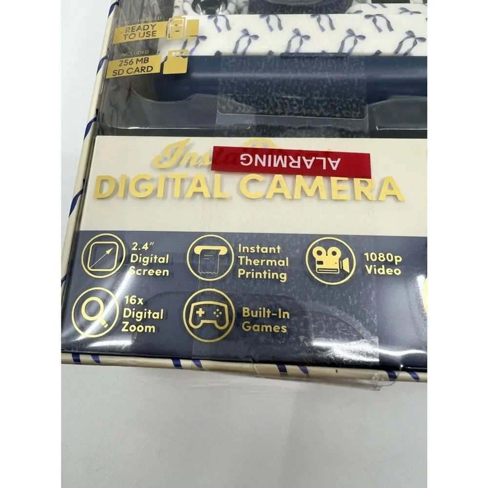 NIB XO Poppy White Digital insta-print Camera with Blue ribbon Accents